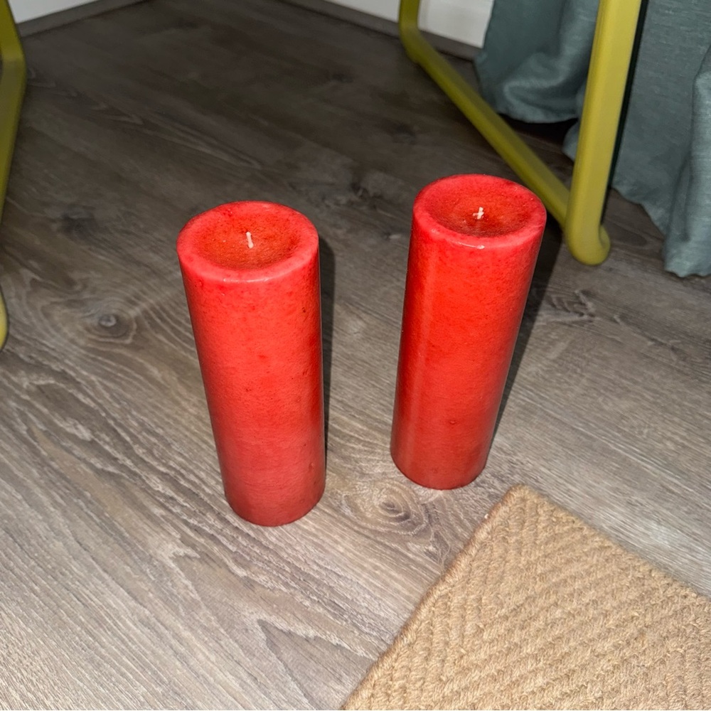 New Set of Two Red Pillar Candles 3”x9” Unscented Round